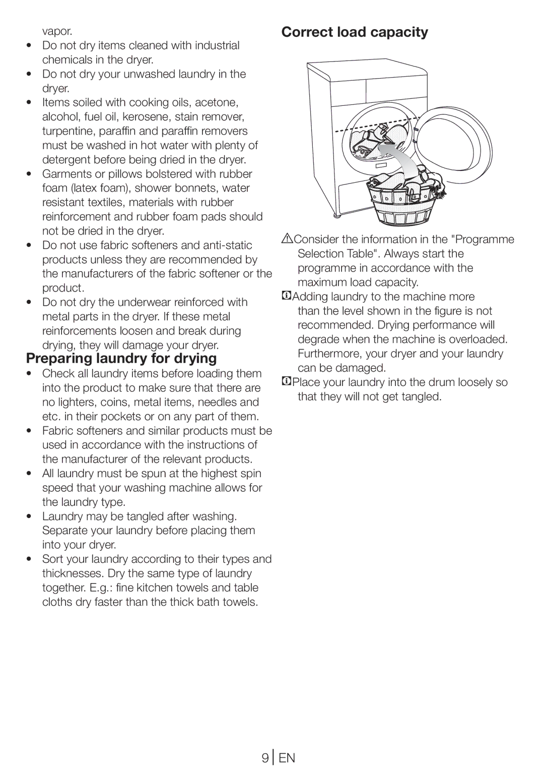 Blomberg TKF 8431 S, TKF 8431 A manual Preparing laundry for drying, Correct load capacity 