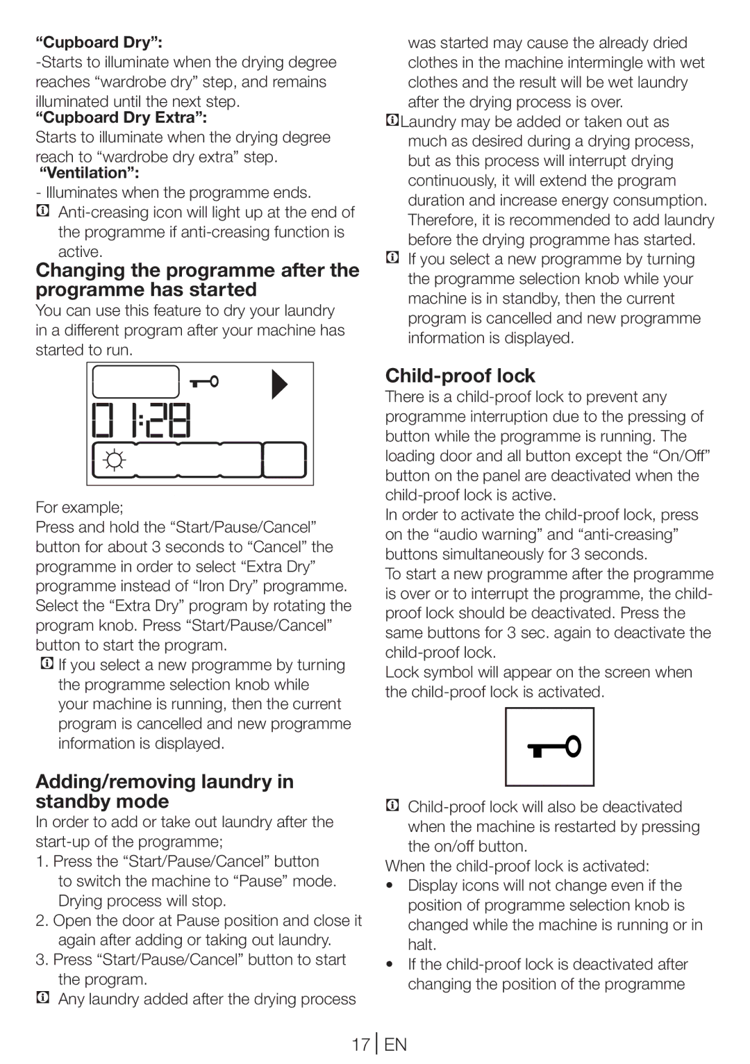 Blomberg TKF 8431 A manual Changing the programme after the programme has started, Child-proof lock, 17 EN 