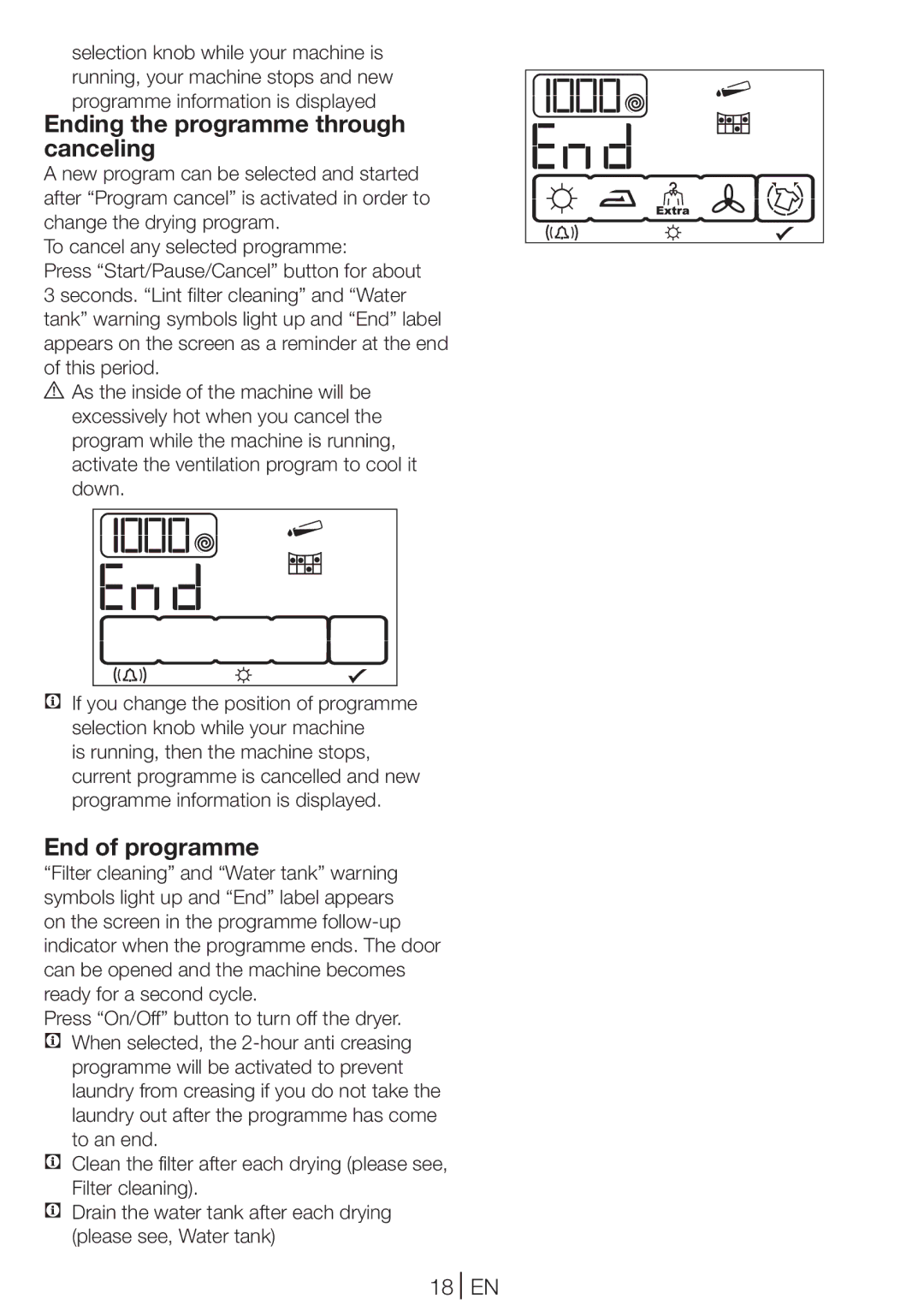 Blomberg TKF 8431 A manual Ending the programme through canceling, End of programme, 18 EN 