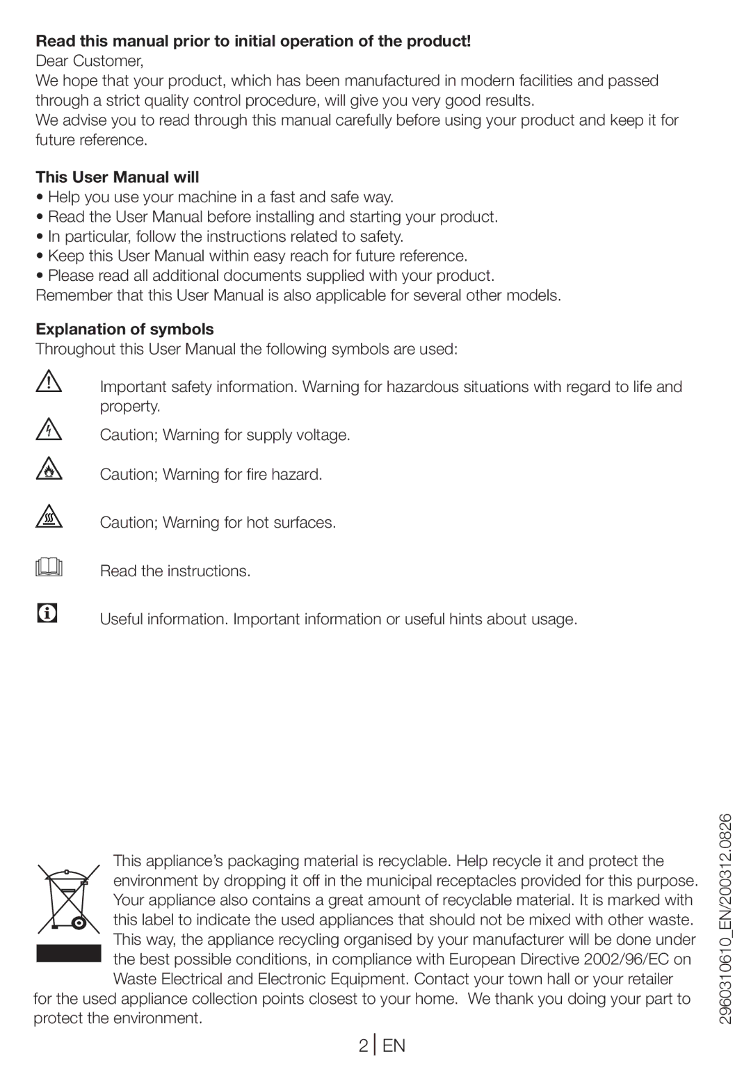 Blomberg TKF 8431 A Read this manual prior to initial operation of the product, Explanation of symbols 