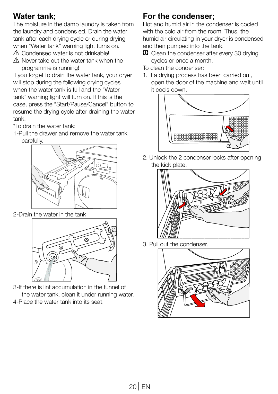 Blomberg TKF 8431 A manual Water tank, For the condenser, 20 EN, Place the water tank into its seat 