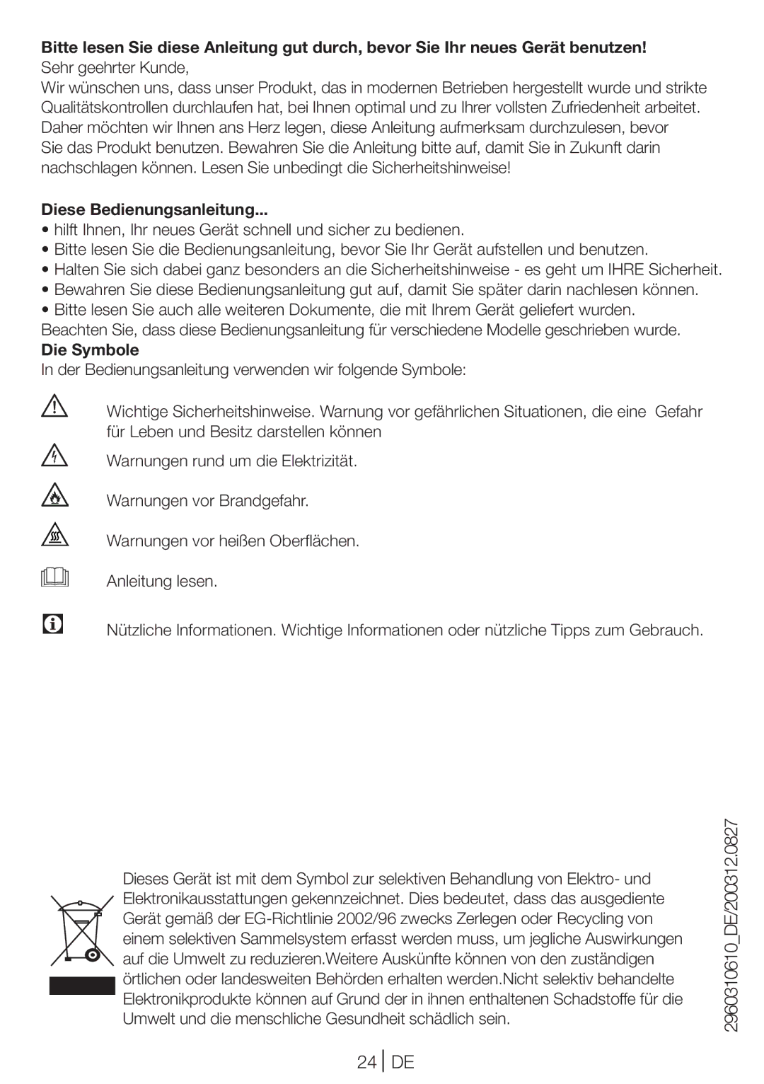 Blomberg TKF 8431 A manual 24 DE 2960310610DE/200312.0827, Diese Bedienungsanleitung, Die Symbole 