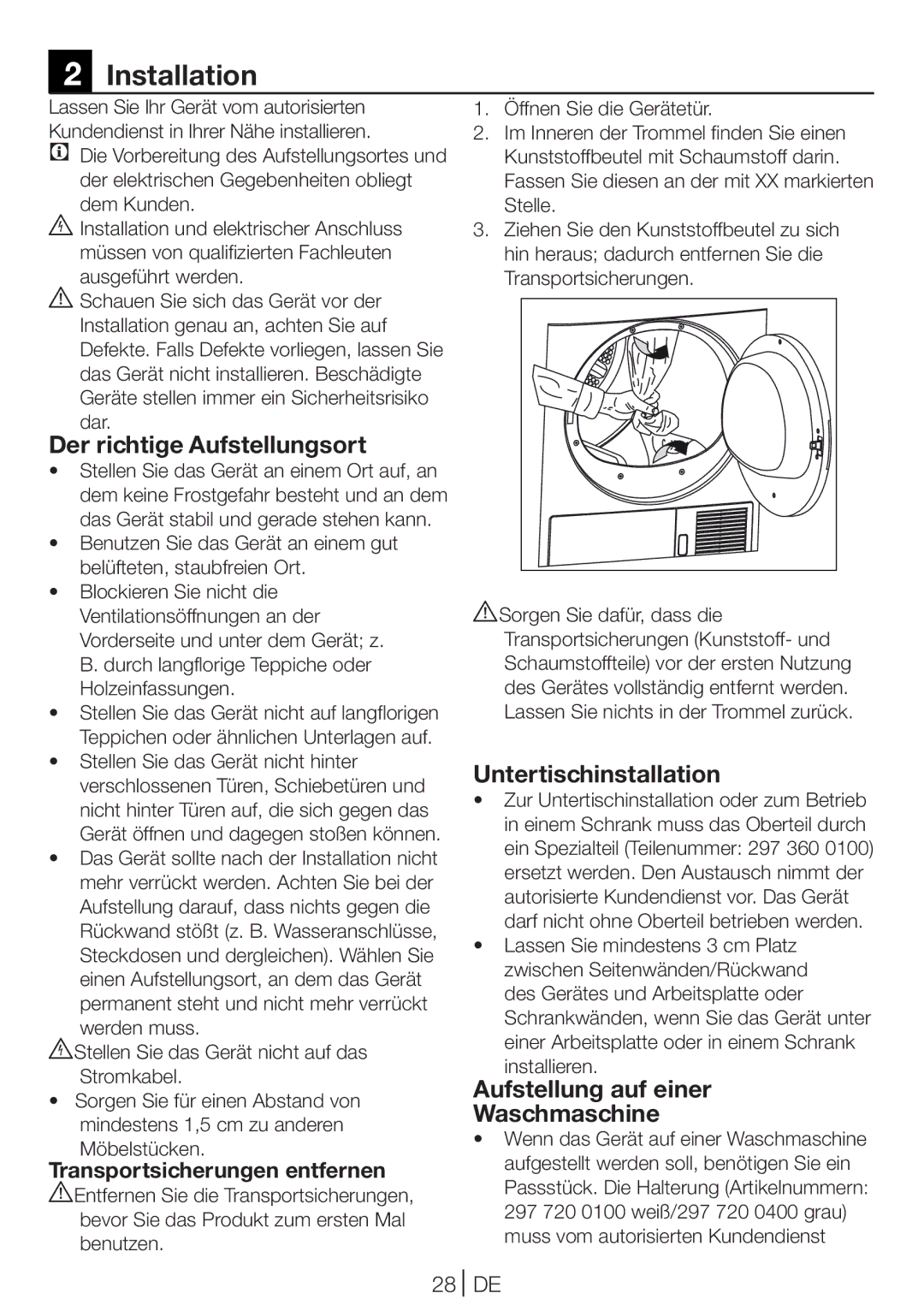 Blomberg TKF 8431 A manual Der richtige Aufstellungsort, Untertischinstallation, Aufstellung auf einer Waschmaschine, 28 DE 