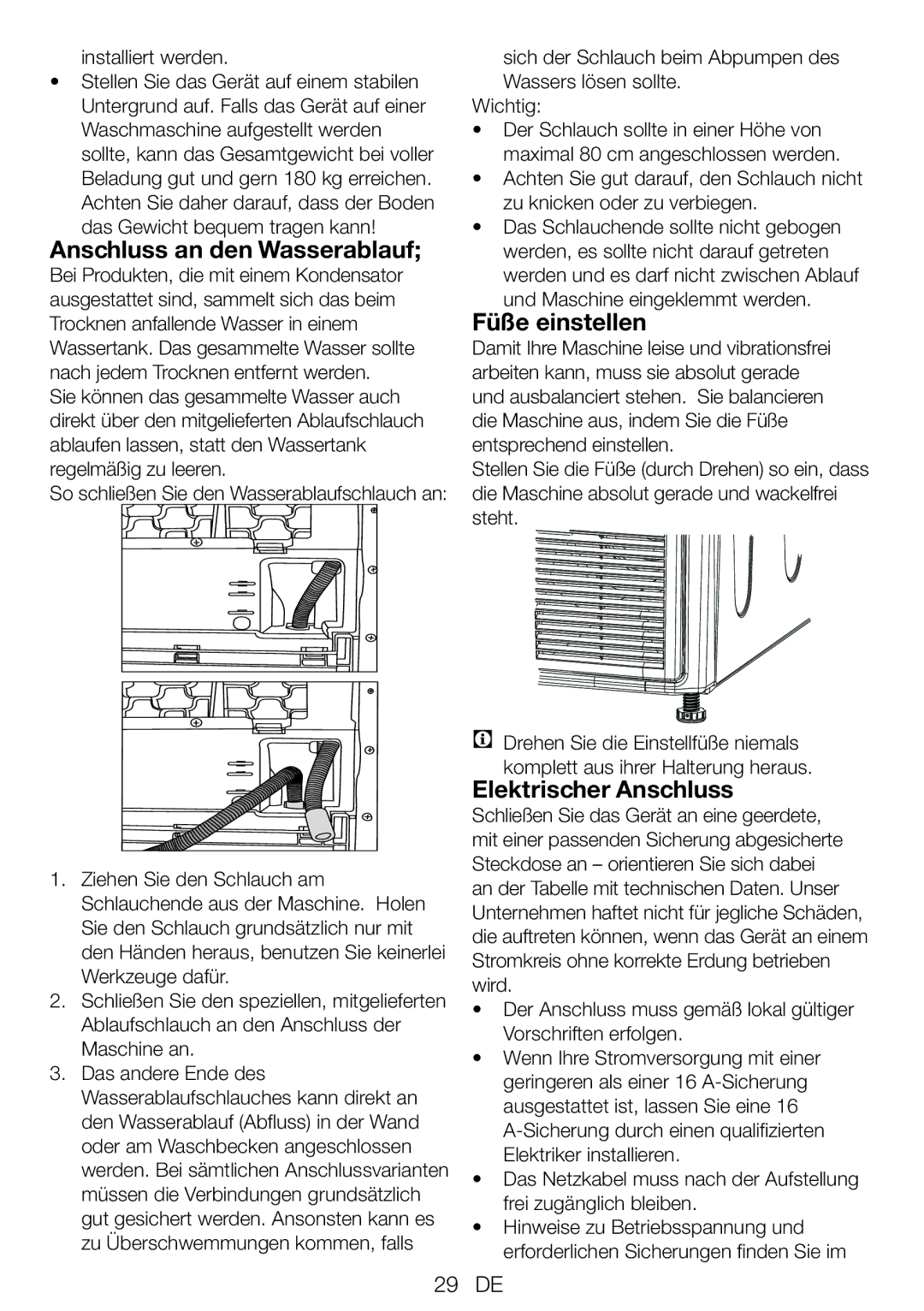 Blomberg TKF 8431 A manual Anschluss an den Wasserablauf, Füße einstellen, Elektrischer Anschluss, Installiert werden 