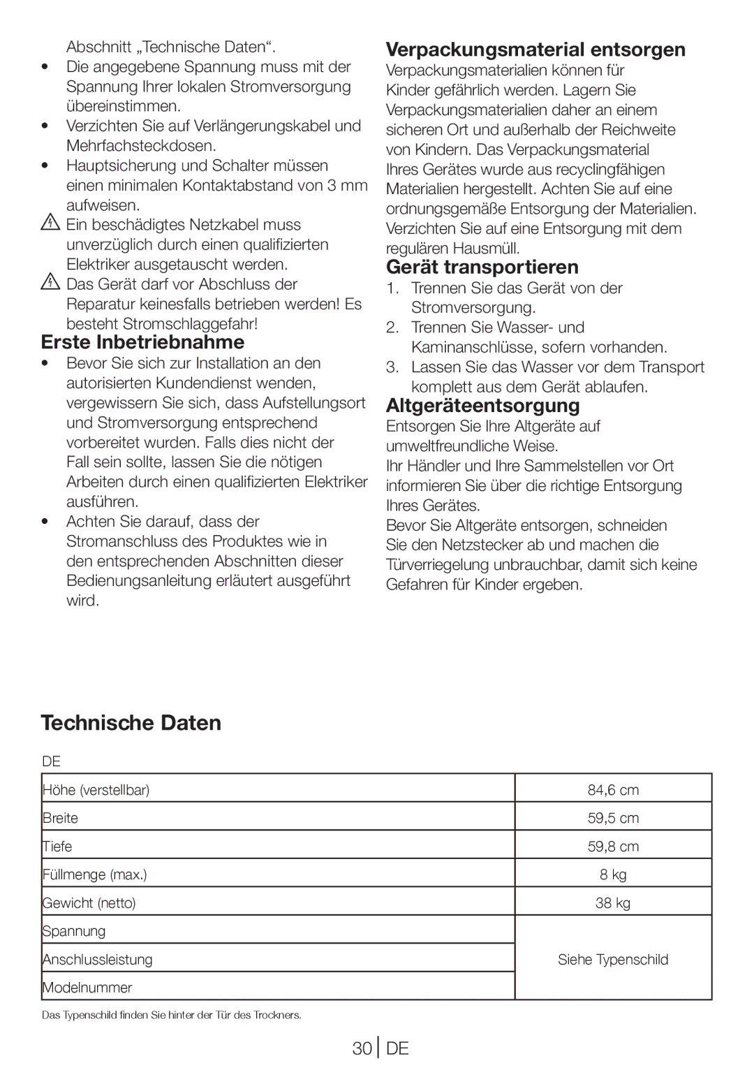 Blomberg TKF 8431 A manual Technische Daten, Erste Inbetriebnahme, Verpackungsmaterial entsorgen, Gerät transportieren 