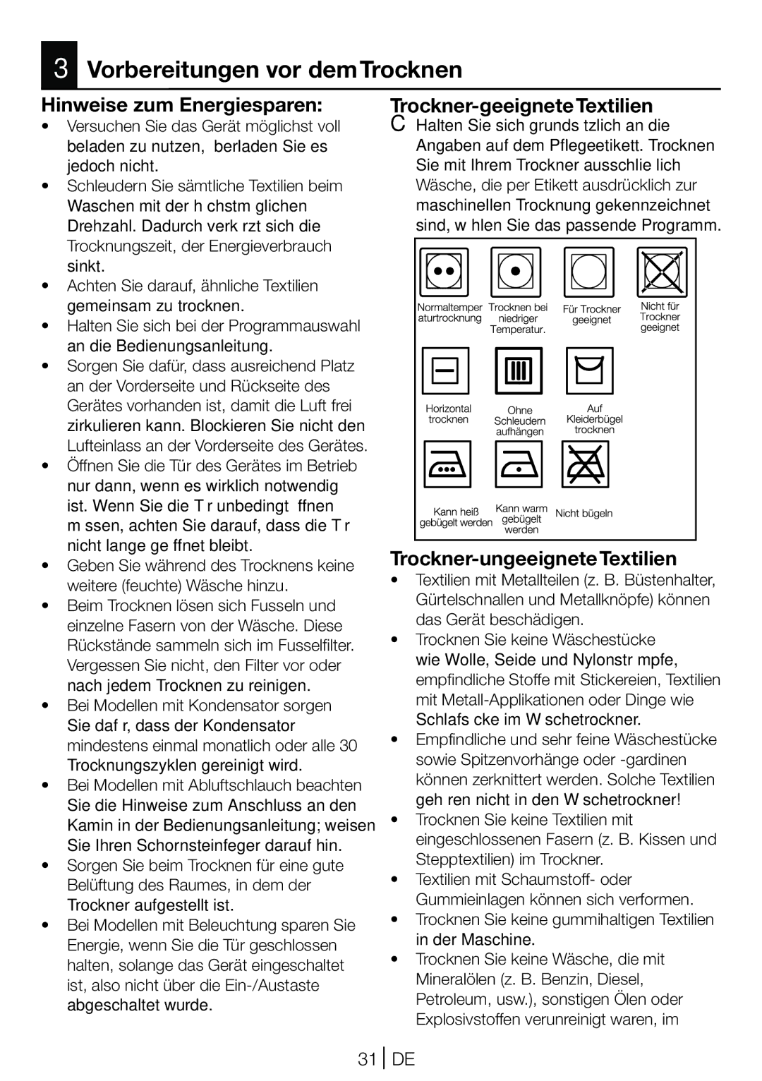 Blomberg TKF 8431 A manual Vorbereitungen vor demTrocknen, Hinweise zum Energiesparen, Trockner-geeigneteTextilien 