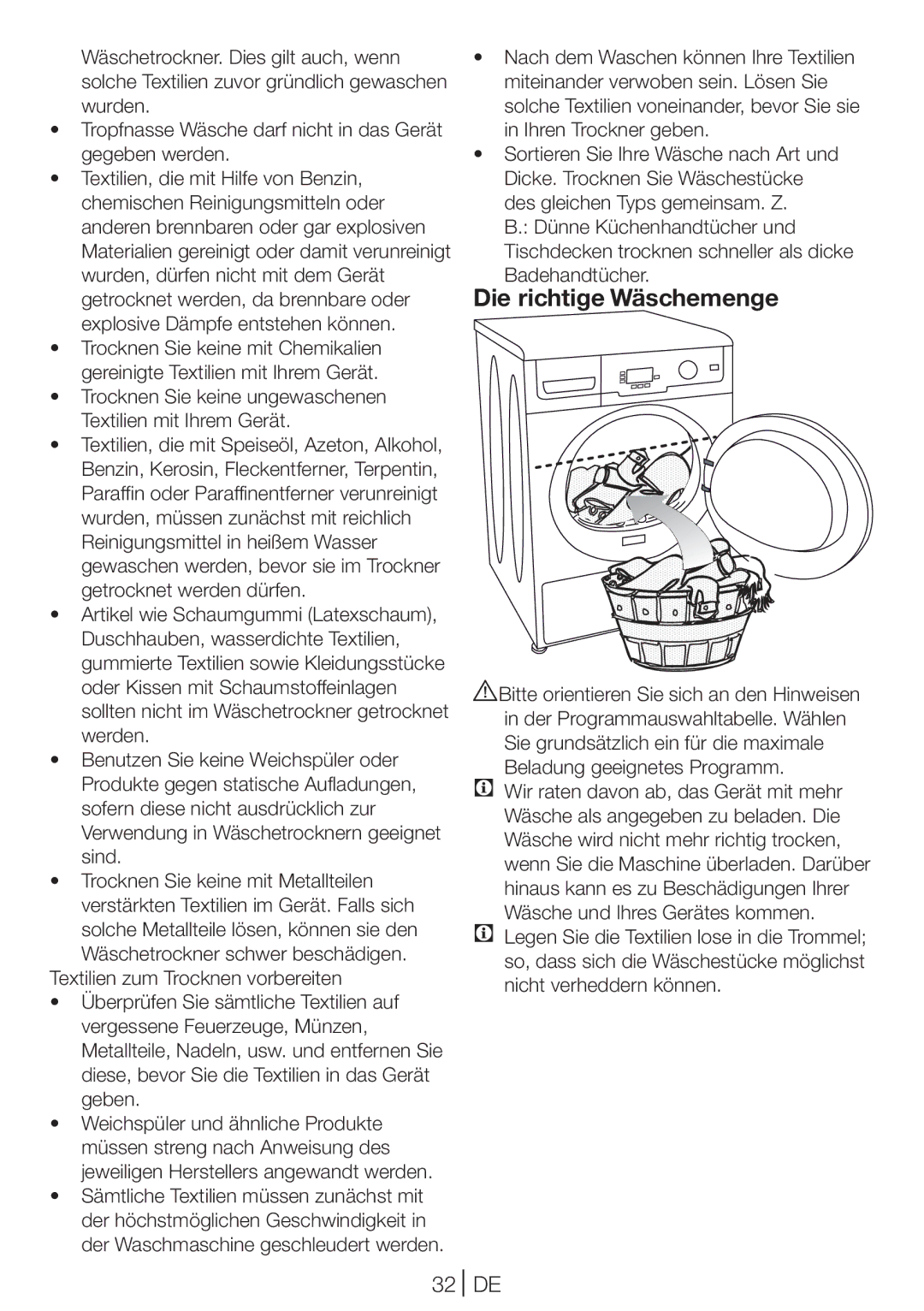 Blomberg TKF 8431 A manual Die richtige Wäschemenge, 32 DE, Textilien zum Trocknen vorbereiten 