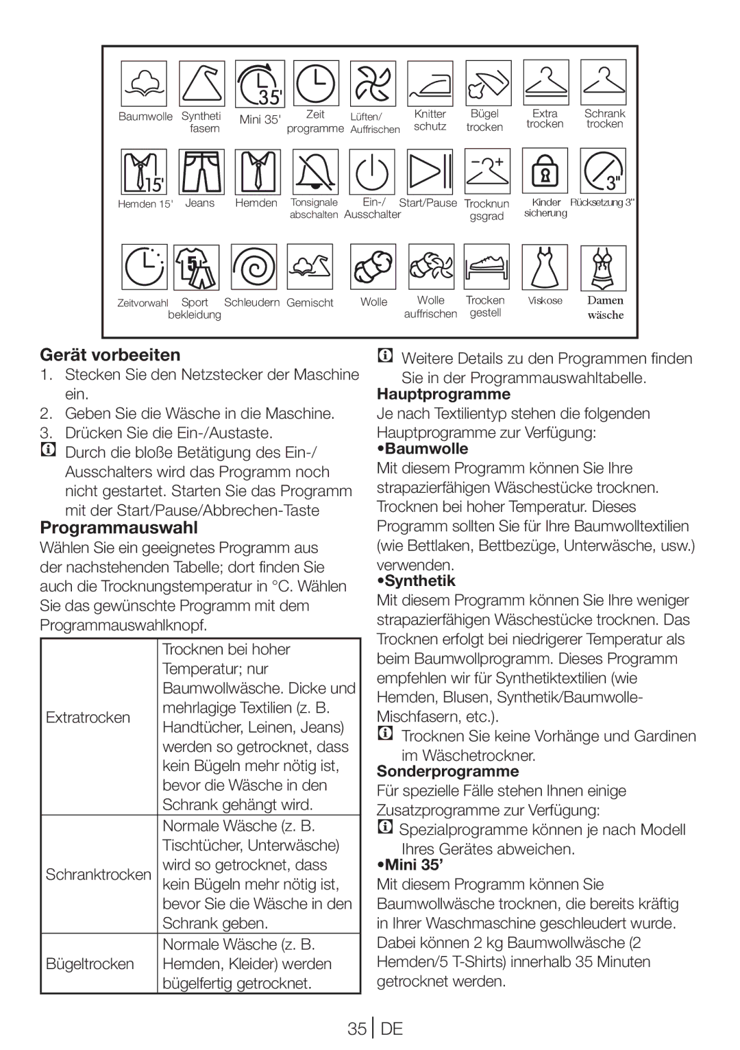 Blomberg TKF 8431 A manual Gerät vorbeeiten, Programmauswahl 