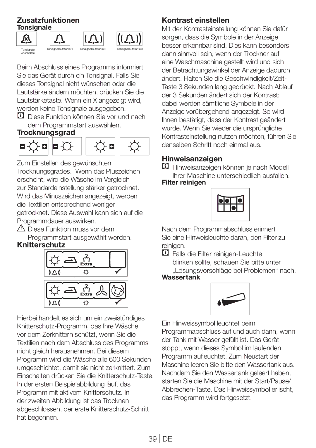 Blomberg TKF 8431 A manual Zusatzfunktionen, Trocknungsgrad, Knitterschutz, Kontrast einstellen, Hinweisanzeigen 