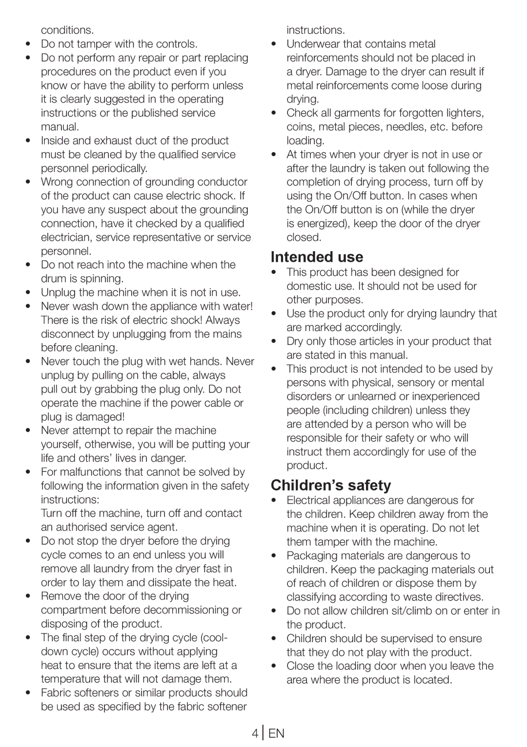 Blomberg TKF 8431 A manual Intended use, Children’s safety, Do not allow children sit/climb on or enter in the product 