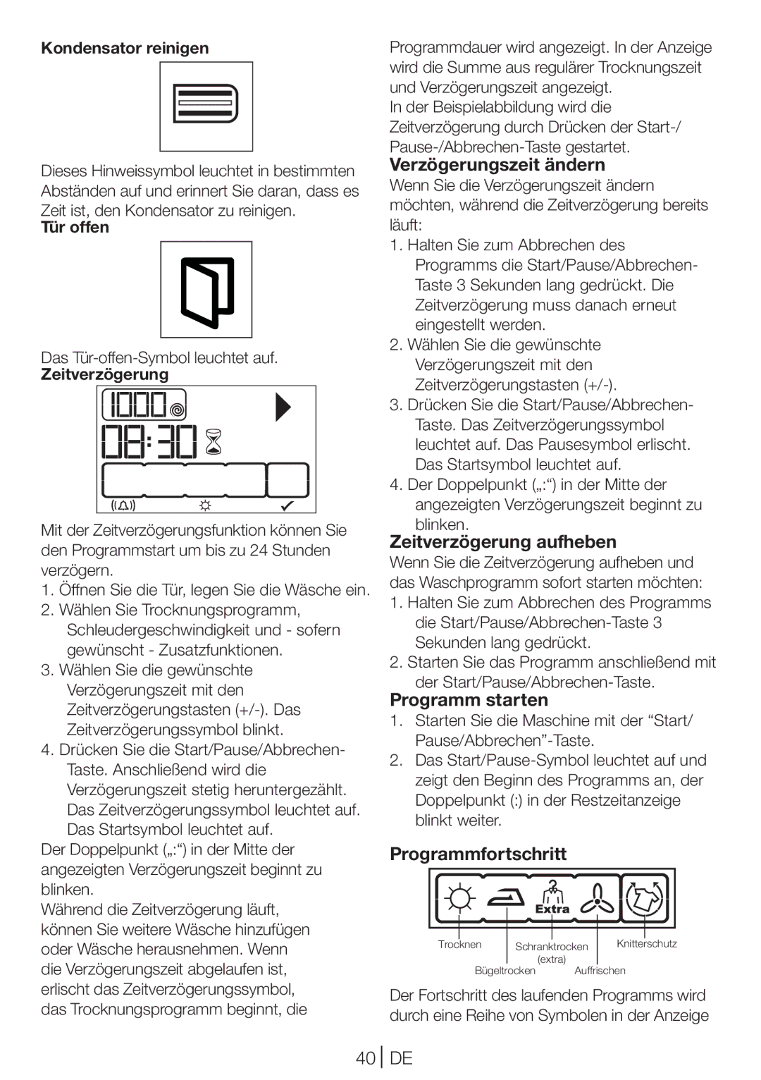 Blomberg TKF 8431 A manual Verzögerungszeit ändern, Zeitverzögerung aufheben, Programm starten, Programmfortschritt 