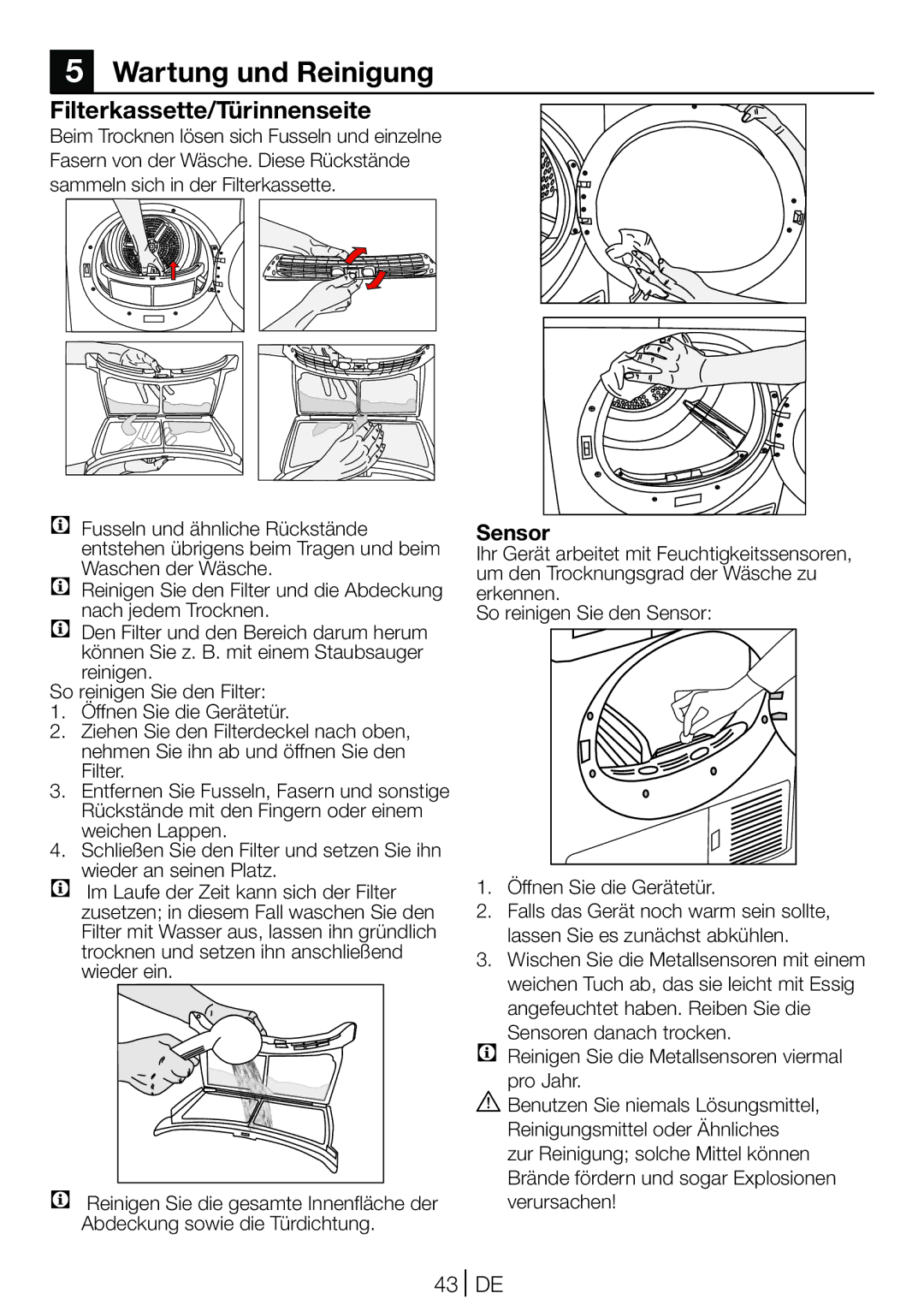 Blomberg TKF 8431 A manual Wartung und Reinigung, Filterkassette/Türinnenseite, Sensor, 43 DE, Verursachen 