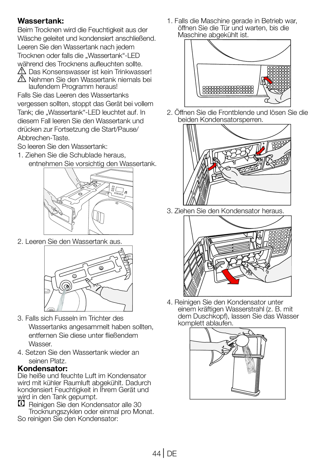 Blomberg TKF 8431 A manual Kondensator, Beim Trocknen wird die Feuchtigkeit aus der, So leeren Sie den Wassertank 