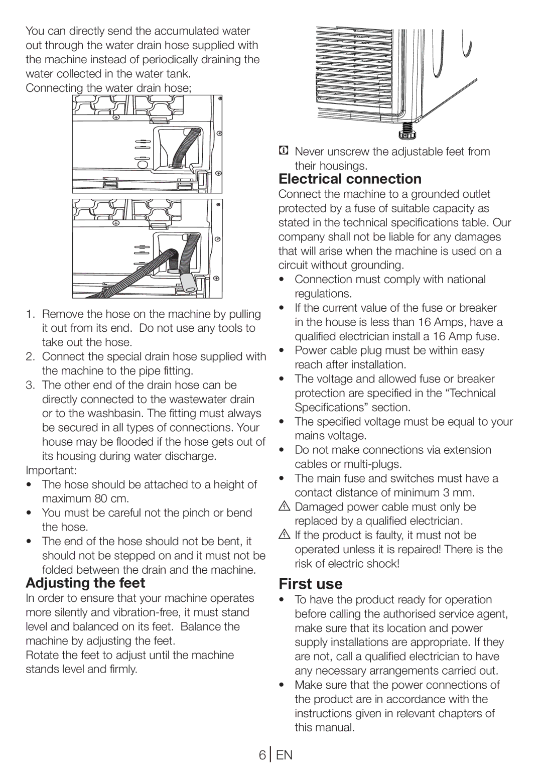 Blomberg TKF 8431 A manual First use, Adjusting the feet, Electrical connection 