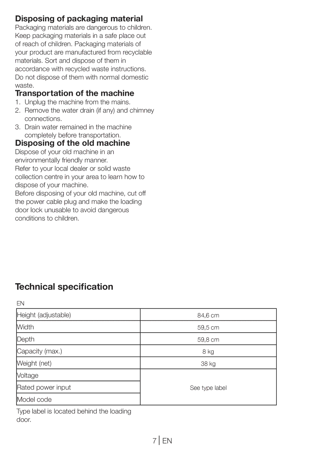 Blomberg TKF 8431 A manual Technical specification, Disposing of packaging material, Transportation of the machine 