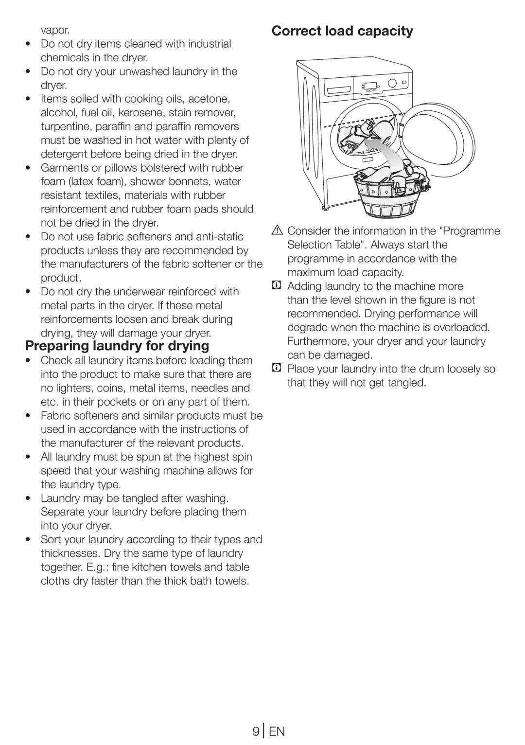 Blomberg TKF 8431 A manual Preparing laundry for drying, Correct load capacity 