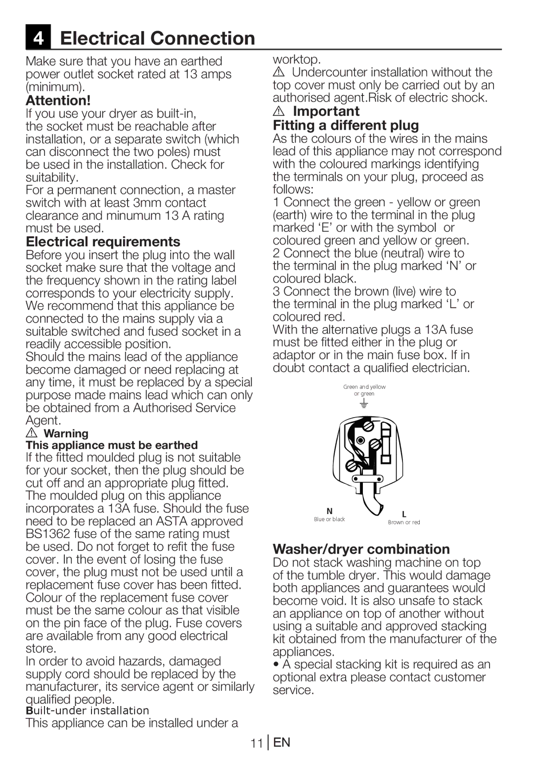 Blomberg TKF 8439 A manual Electrical requirements, Fitting a different plug, Washer/dryer combination 