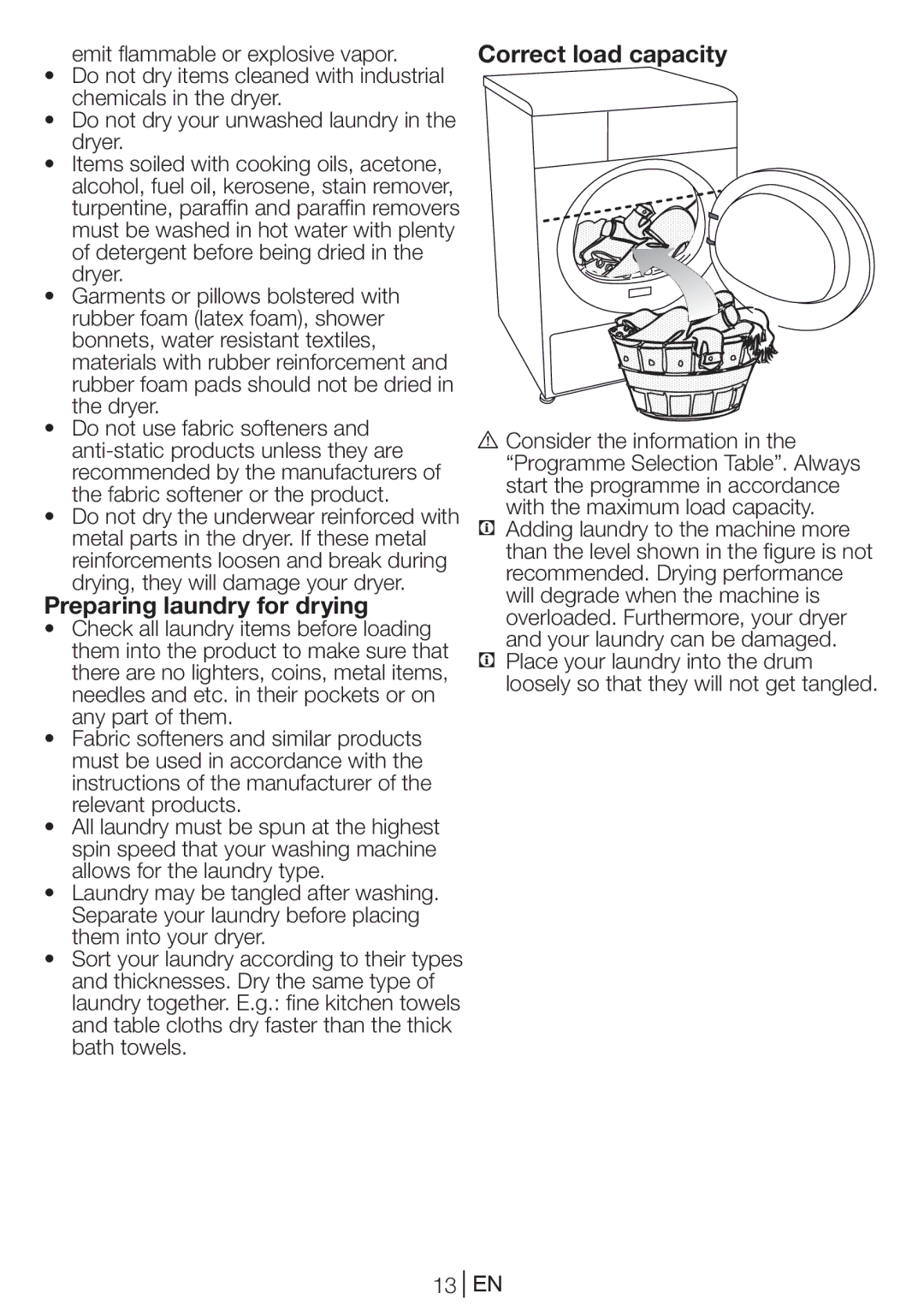 Blomberg TKF 8439 A manual Preparing laundry for drying, Correct load capacity 