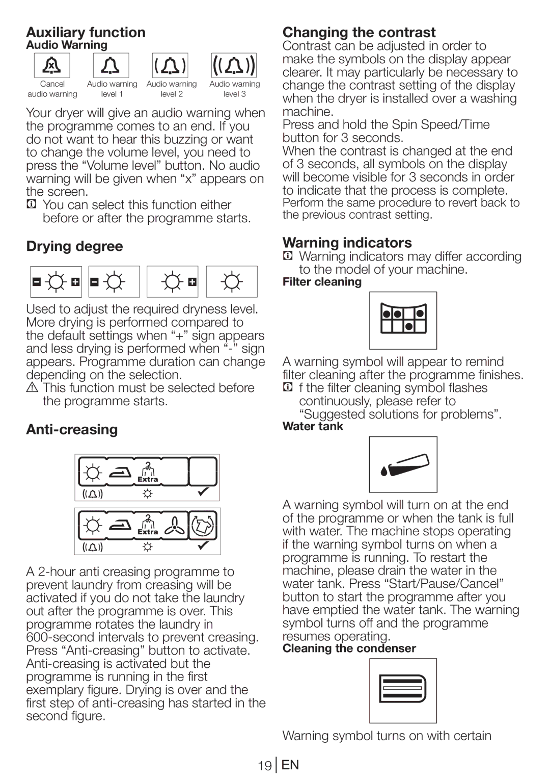 Blomberg TKF 8439 A manual Auxiliary function, Drying degree, Anti-creasing, Changing the contrast 