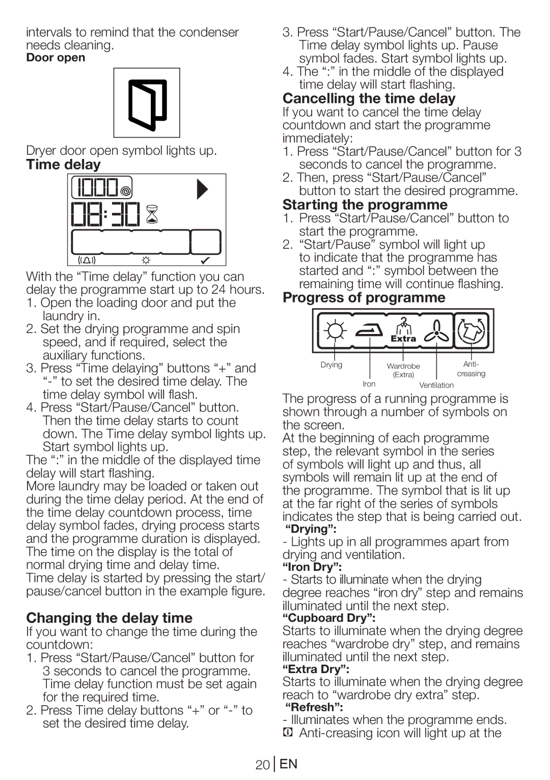 Blomberg TKF 8439 A manual Time delay, Changing the delay time, Cancelling the time delay, Starting the programme 