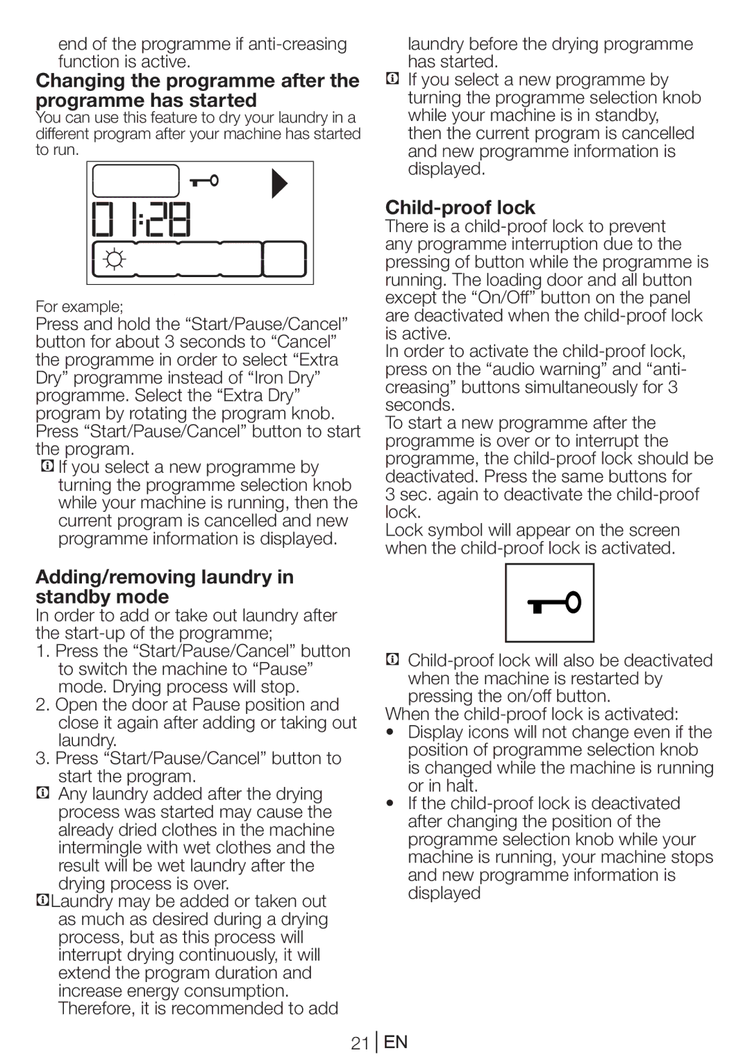 Blomberg TKF 8439 A manual Changing the programme after the programme has started, Child-proof lock 