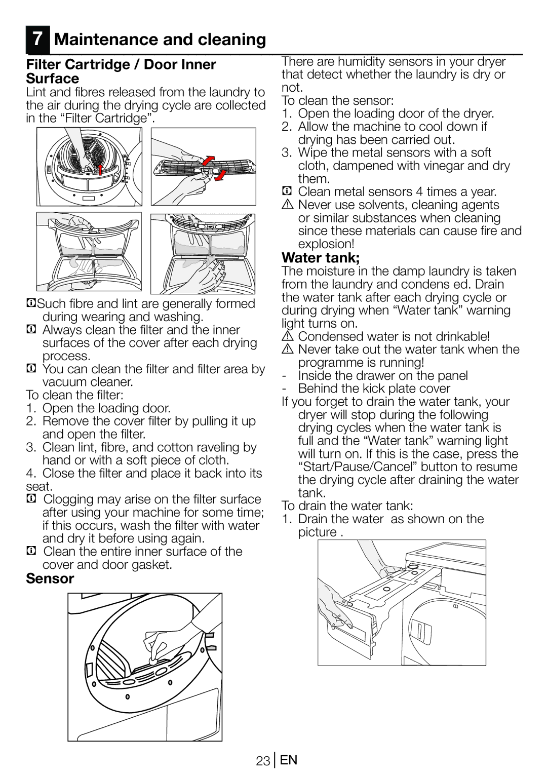 Blomberg TKF 8439 A manual Maintenance and cleaning, Filter Cartridge / Door Inner Surface, Water tank 