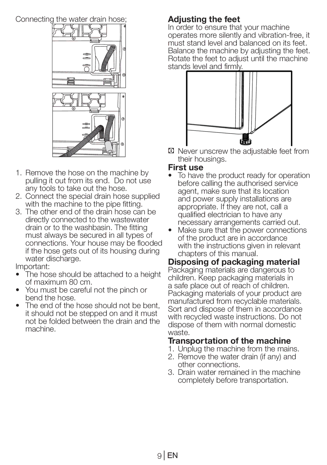 Blomberg TKF 8439 A manual Adjusting the feet, First use, Disposing of packaging material, Transportation of the machine 