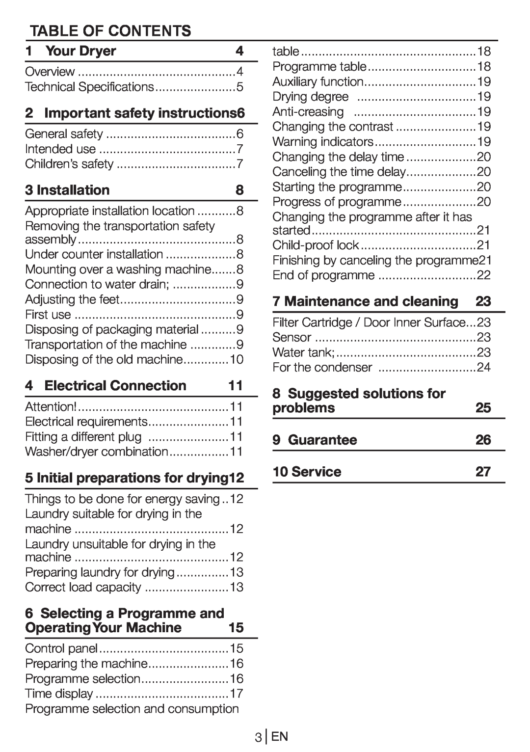 Blomberg TKF 8439 A Table Of Contents, Your Dryer, Important safety instructions6, Installation, Electrical Connection 