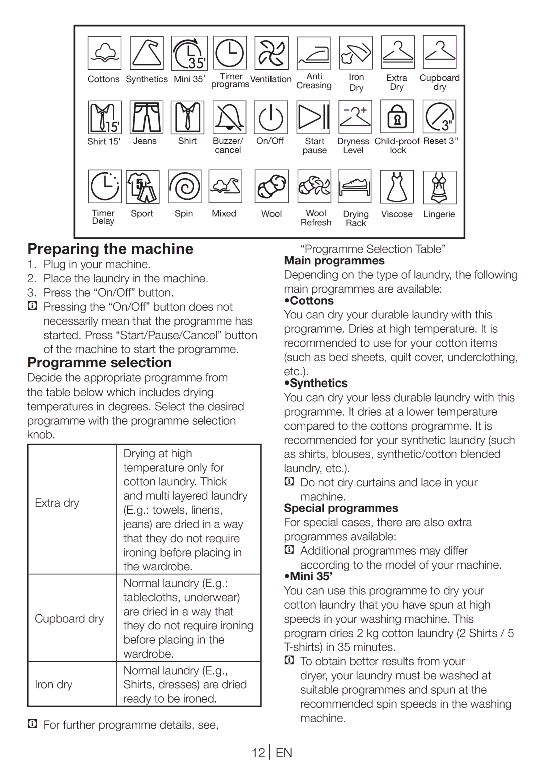 Blomberg TKF 9431 A manual Preparing the machine, Programme selection, 12 EN 