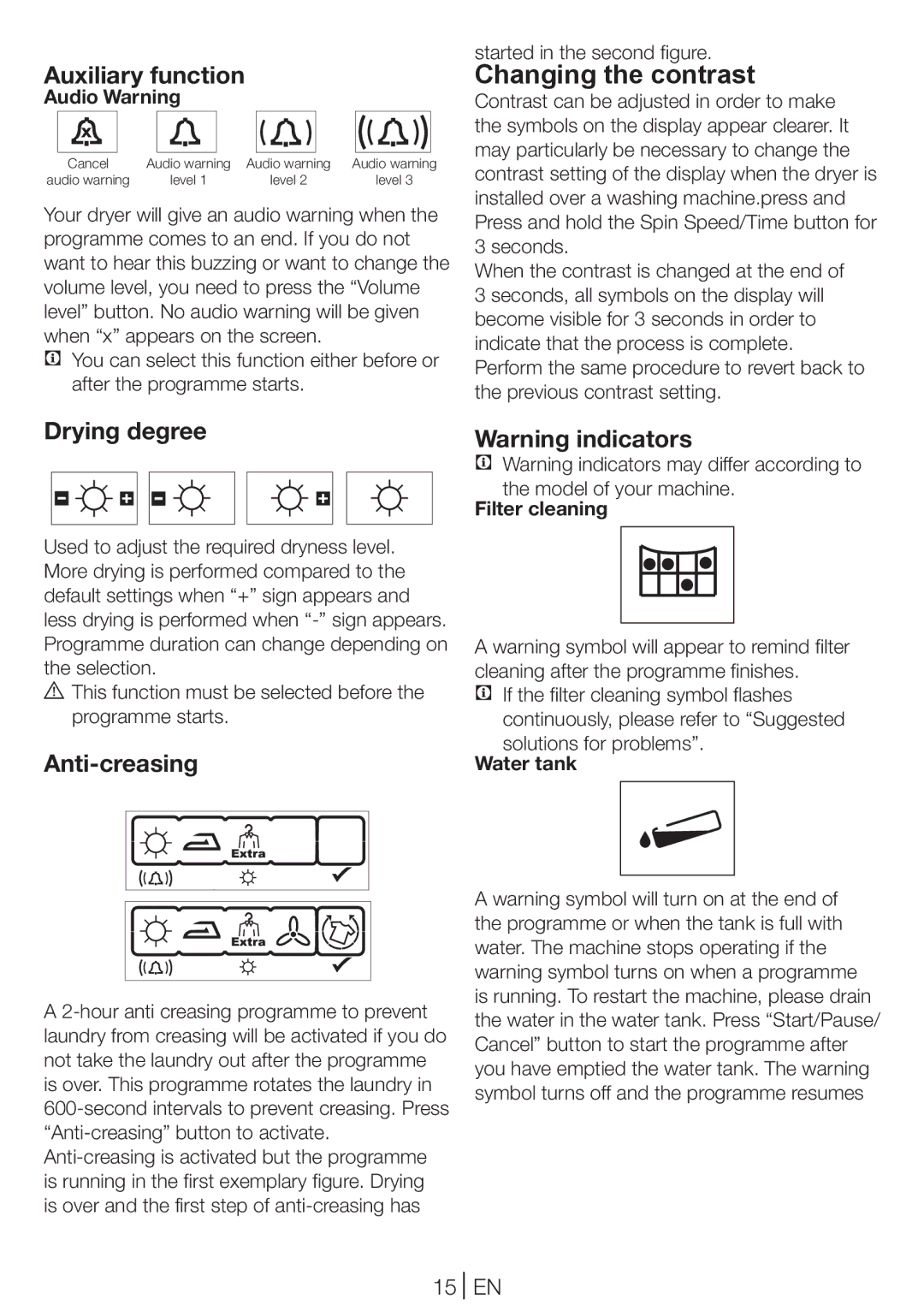 Blomberg TKF 9431 A manual Changing the contrast, Auxiliary function, Drying degree, Anti-creasing, 15 EN 