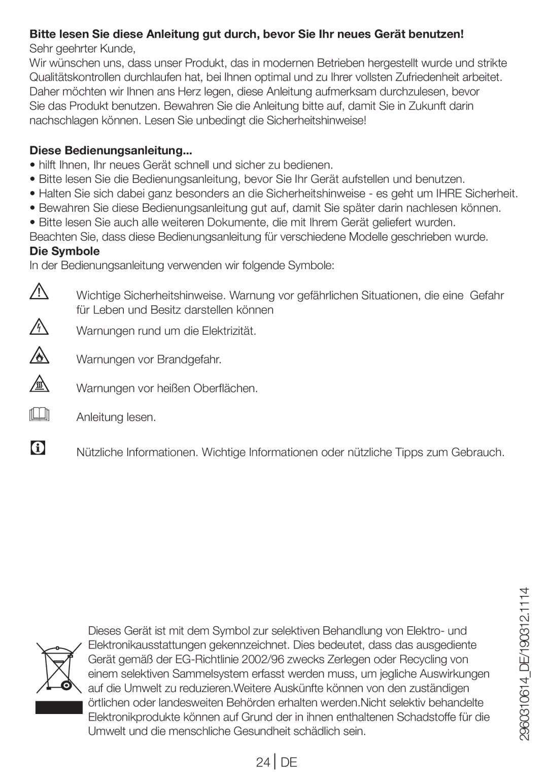 Blomberg TKF 9431 A manual 24 DE 2960310614DE/190312.1114, Diese Bedienungsanleitung, Die Symbole 