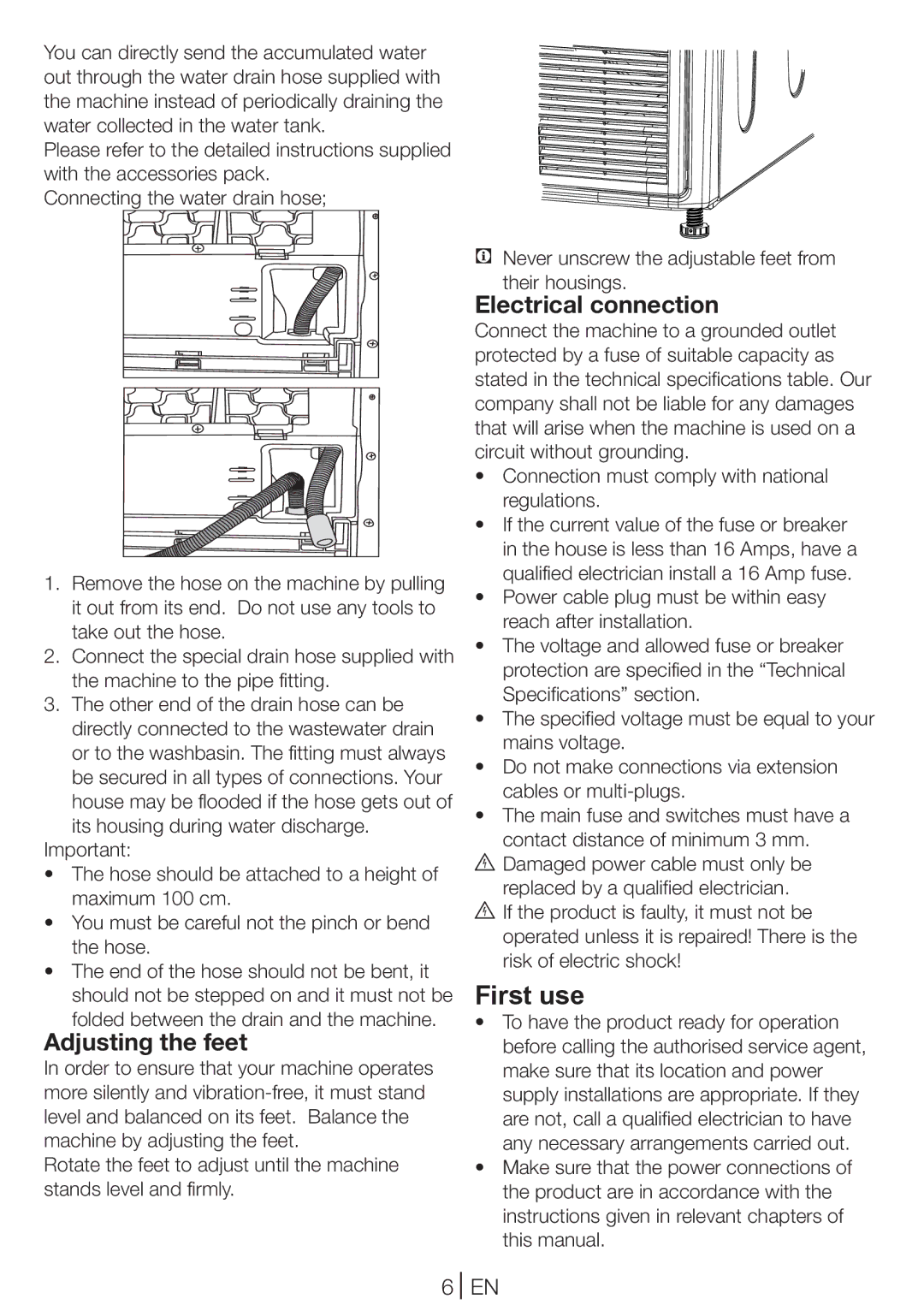 Blomberg TKF 9431 A manual First use, Adjusting the feet, Electrical connection, Folded between the drain and the machine 