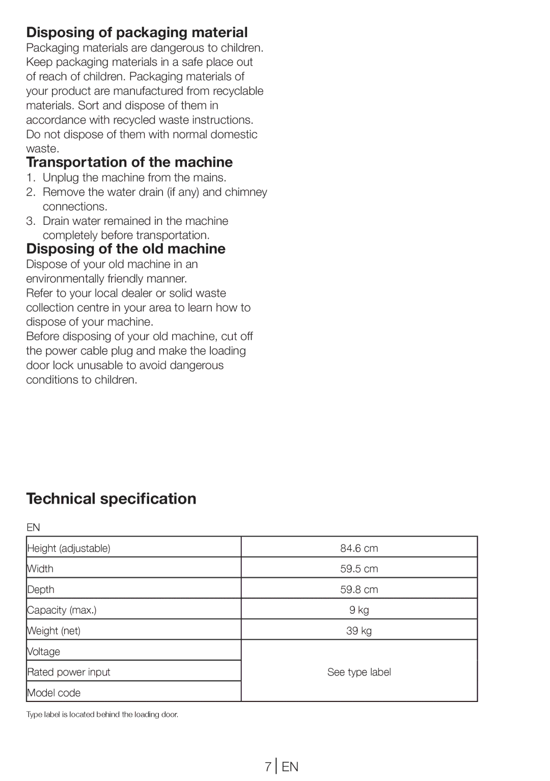 Blomberg TKF 9431 A manual Technical specification, Disposing of packaging material, Transportation of the machine 