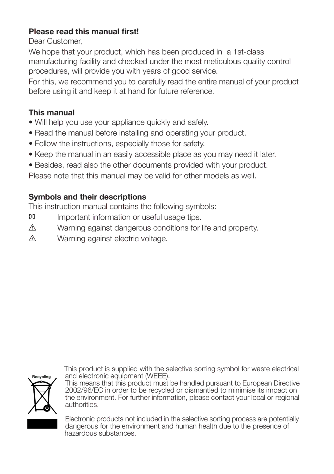 Blomberg TSM 1541P Please read this manual first, This manual, Symbols and their descriptions 