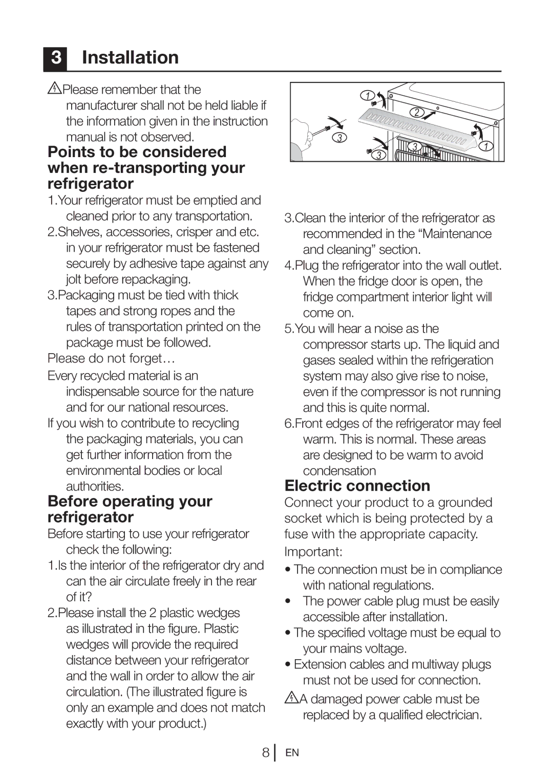 Blomberg TSM 1541P manual Installation, Before operating your refrigerator, Electric connection 