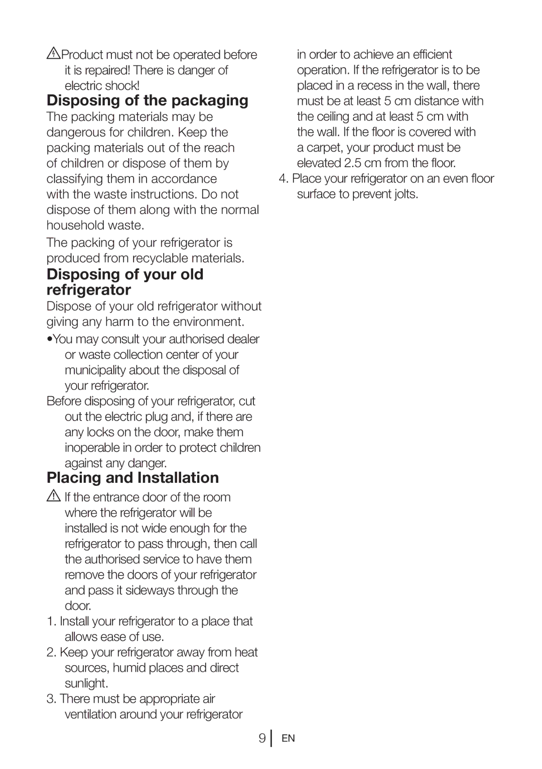 Blomberg TSM 1541P manual Disposing of the packaging, Disposing of your old refrigerator, Placing and Installation 