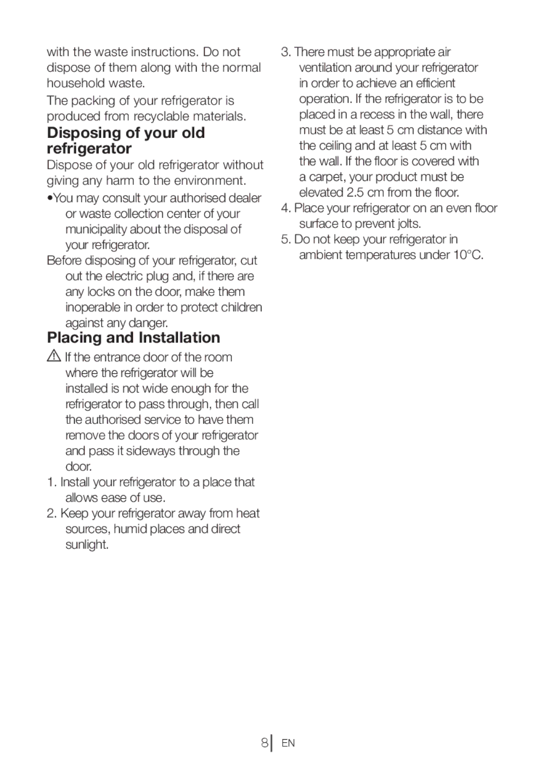 Blomberg TSM1750u manual Disposing of your old refrigerator, Placing and Installation 