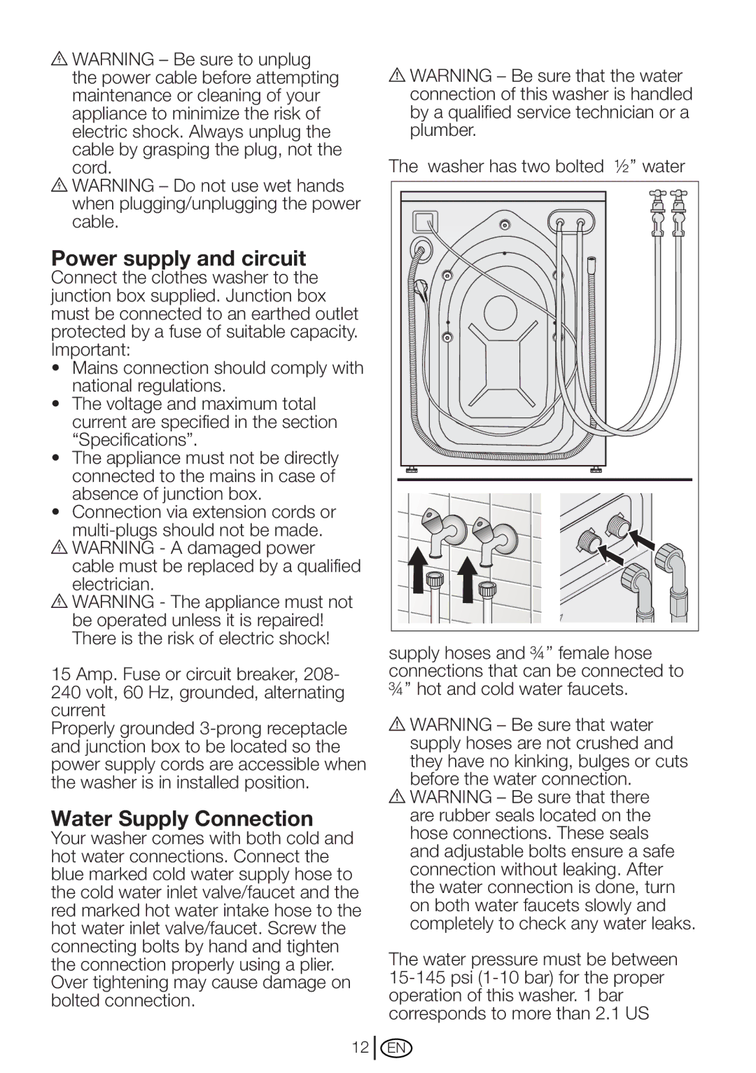 Blomberg WM 67121 NBL00 installation instructions Power supply and circuit, Water Supply Connection 