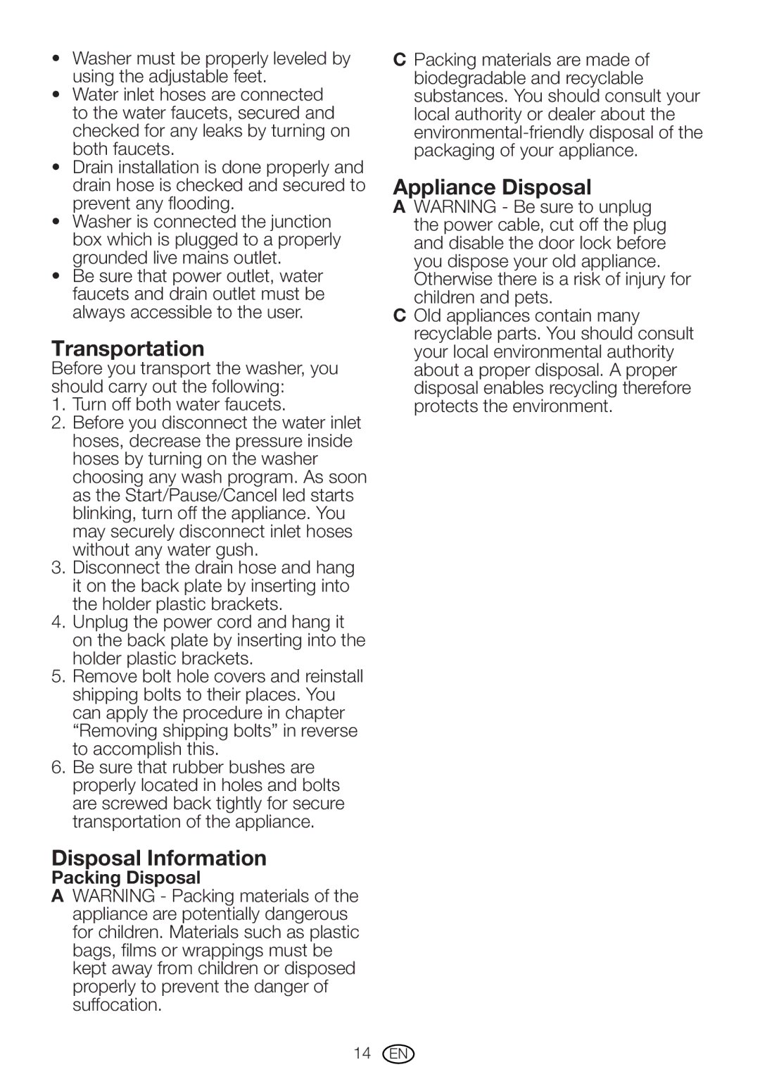 Blomberg WM 67121 NBL00 Transportation, Disposal Information, Appliance Disposal, Packing Disposal 