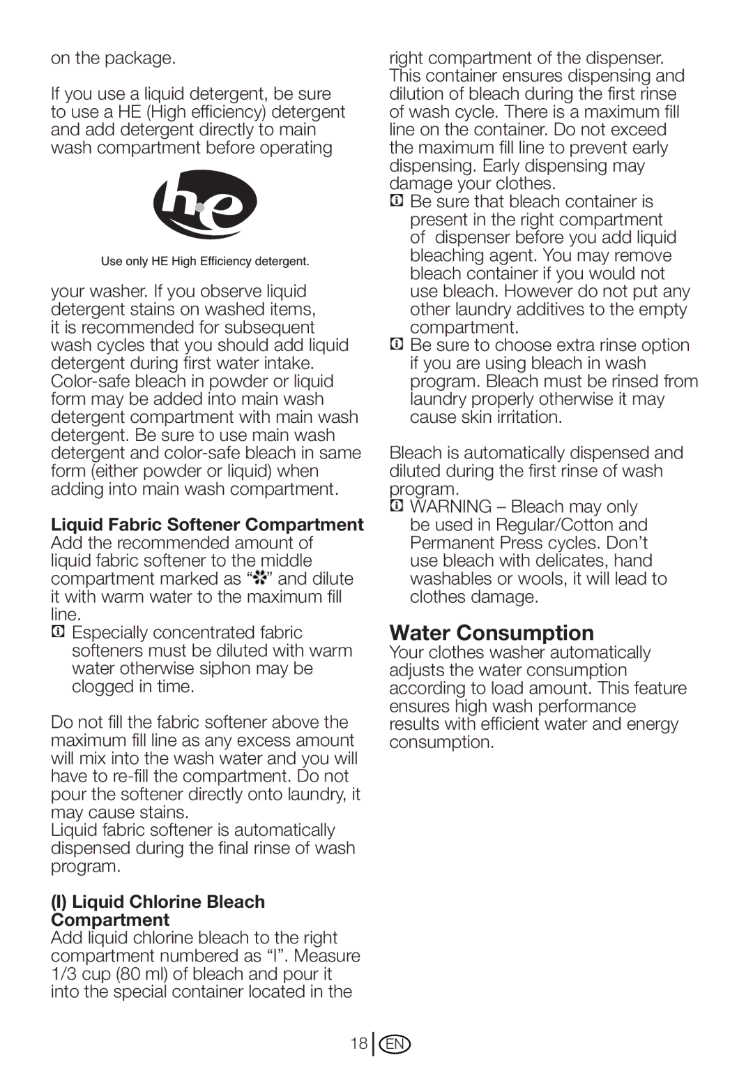 Blomberg WM 67121 NBL00 installation instructions Water Consumption, Liquid Chlorine Bleach Compartment 