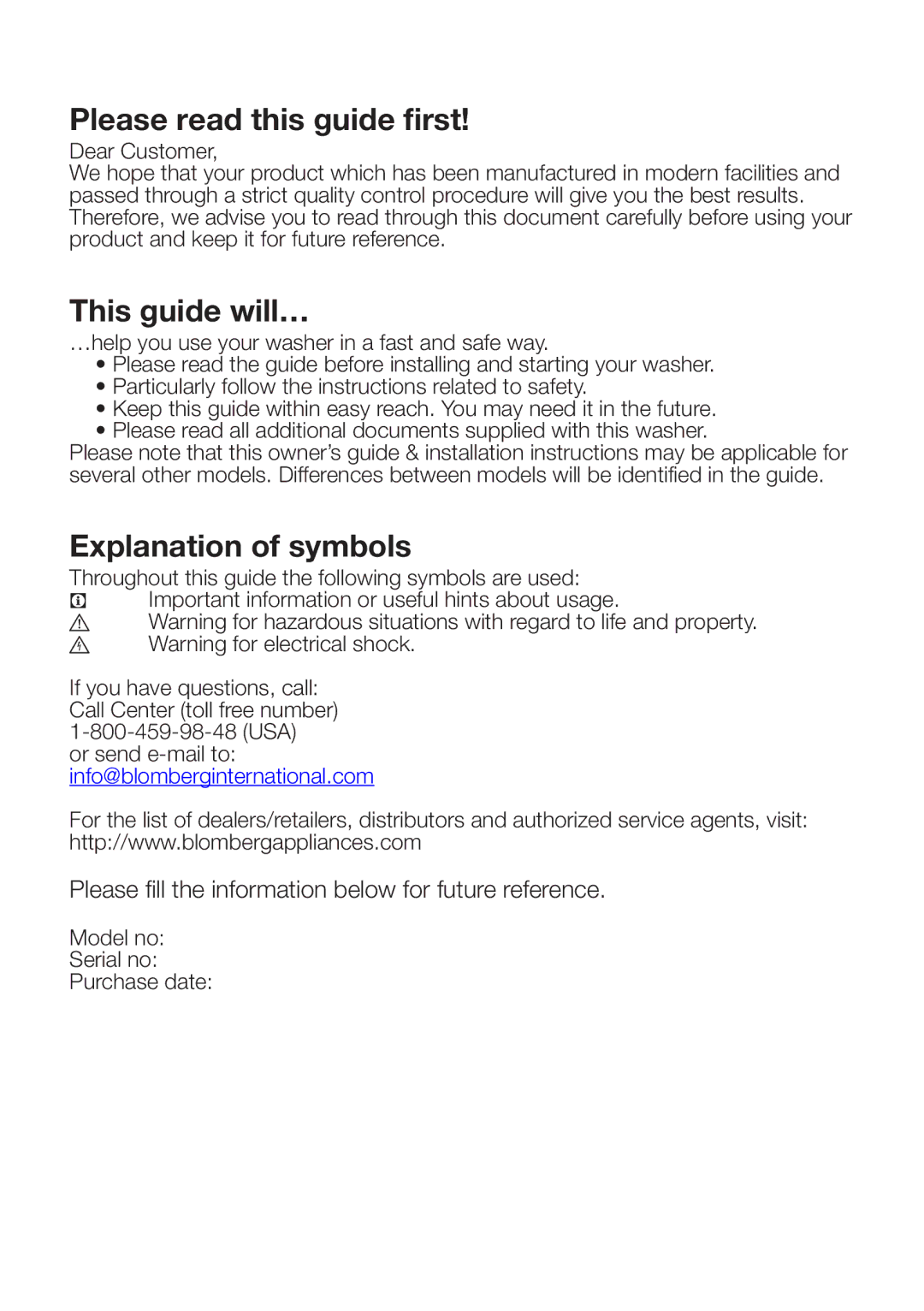 Blomberg WM 67121 NBL00 installation instructions Please read this guide first, This guide will…, Explanation of symbols 