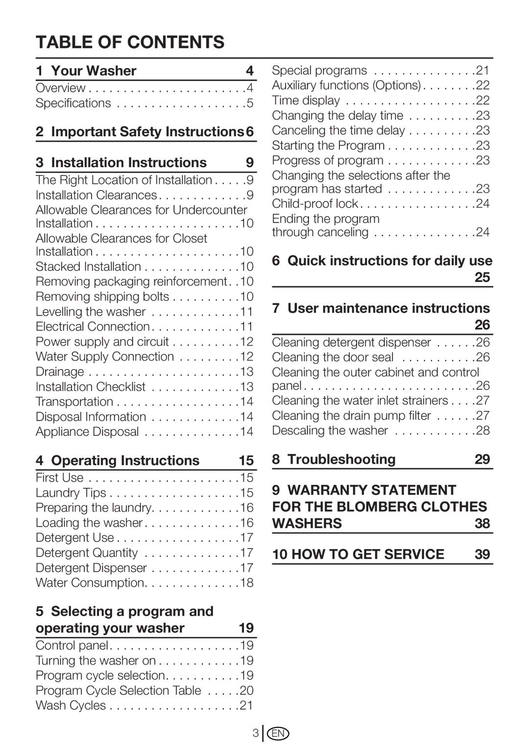 Blomberg WM 67121 NBL00 installation instructions Table of Contents 