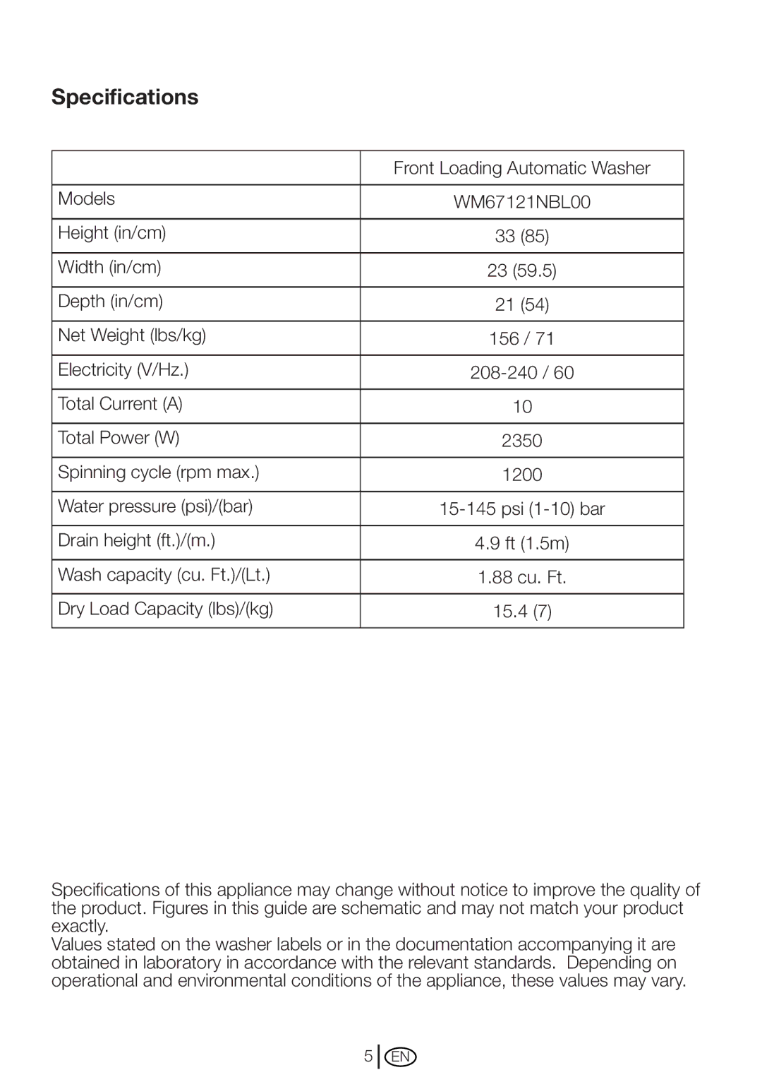 Blomberg WM 67121 NBL00 installation instructions Specifications 