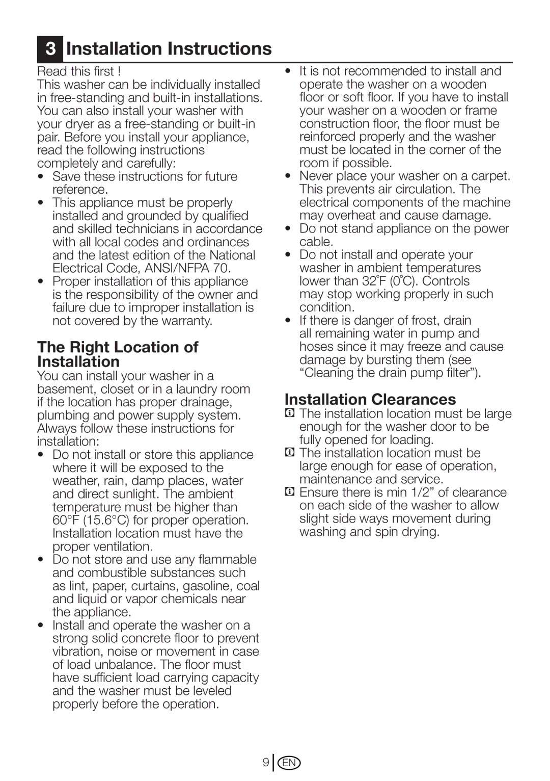 Blomberg WM 67121 NBL00 Installation Instructions, Right Location Installation, Installation Clearances 