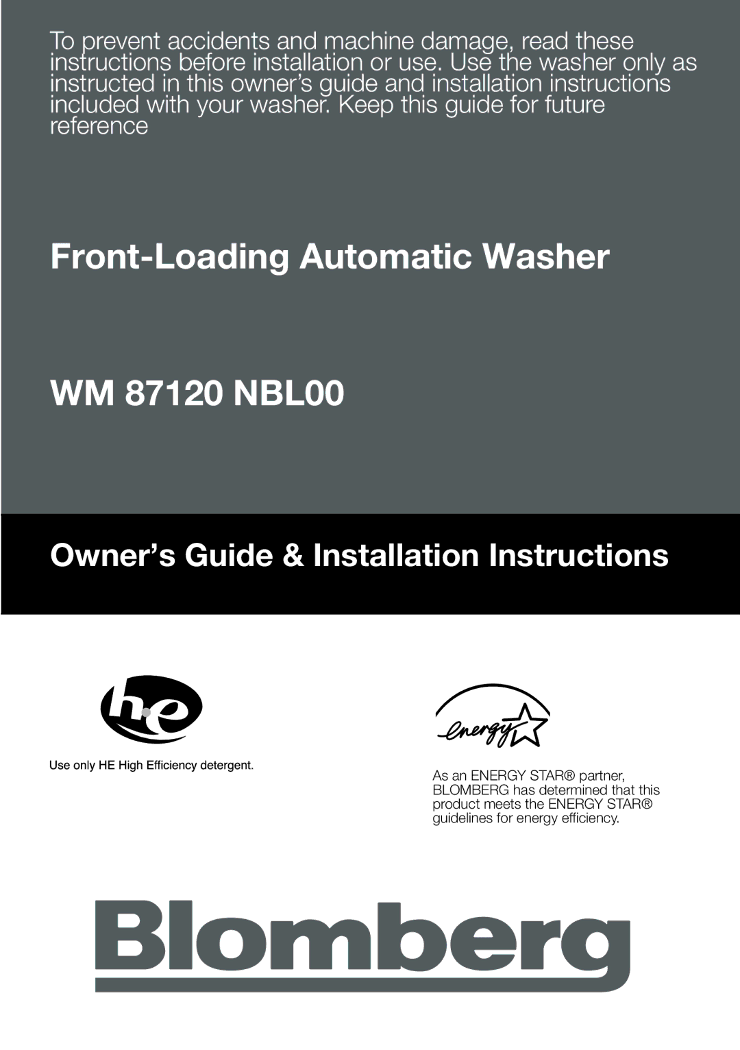 Blomberg installation instructions Front-Loading Automatic Washer WM 87120 NBL00 