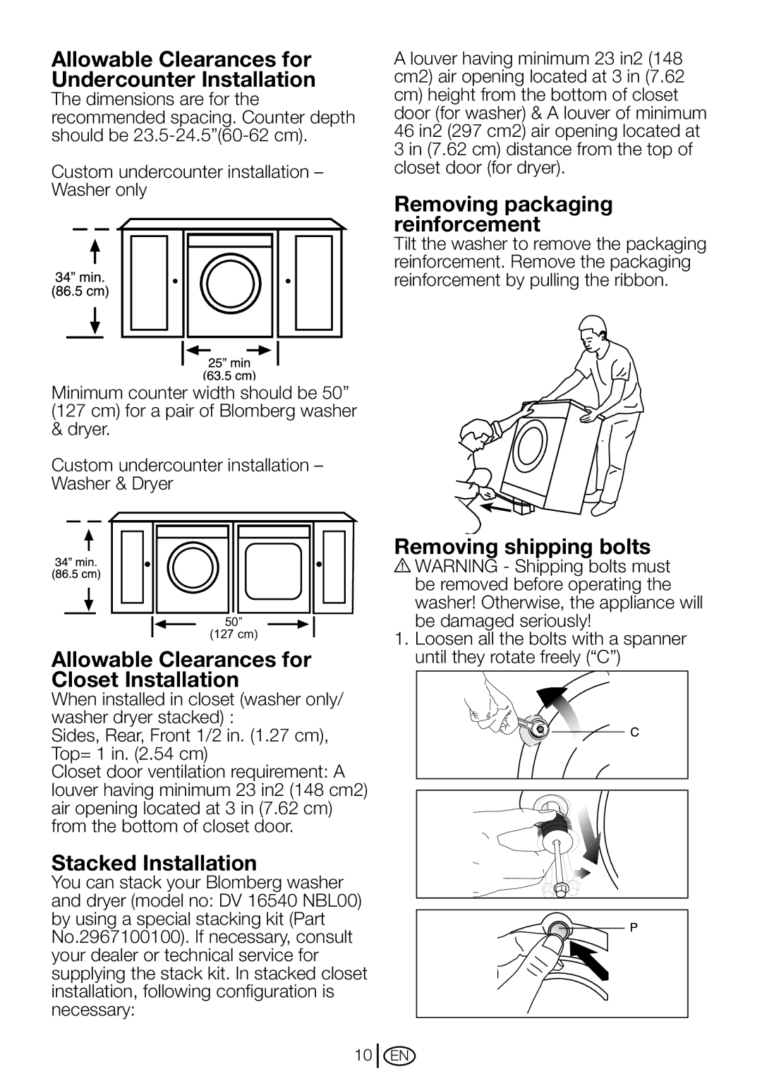 Blomberg WM 87120 NBL00 Allowable Clearances for Undercounter Installation, Removing packaging reinforcement 