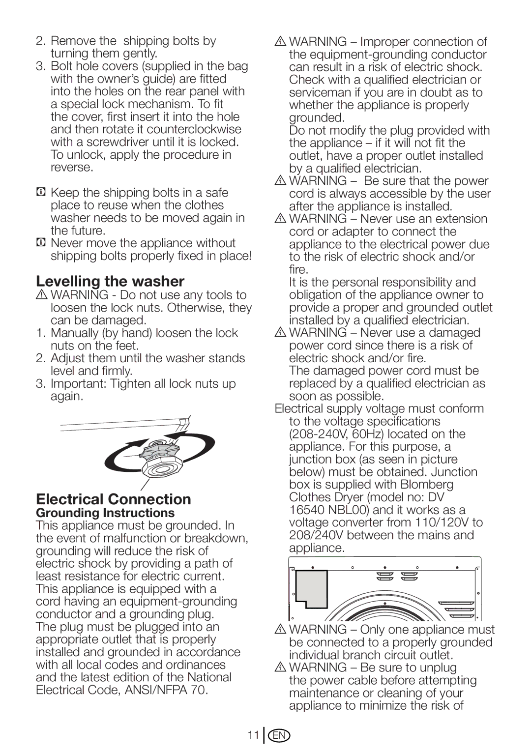 Blomberg WM 87120 NBL00 installation instructions Levelling the washer, Electrical Connection, Grounding Instructions 