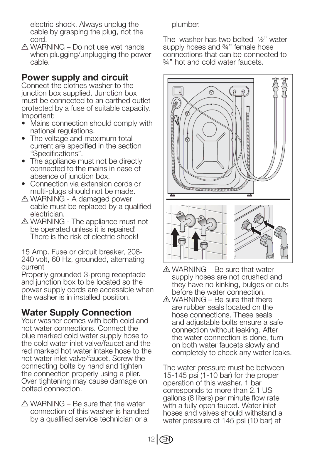 Blomberg WM 87120 NBL00 installation instructions Power supply and circuit, Water Supply Connection 