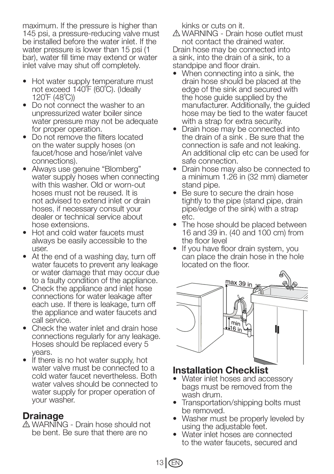 Blomberg WM 87120 NBL00 installation instructions Drainage, Installation Checklist 