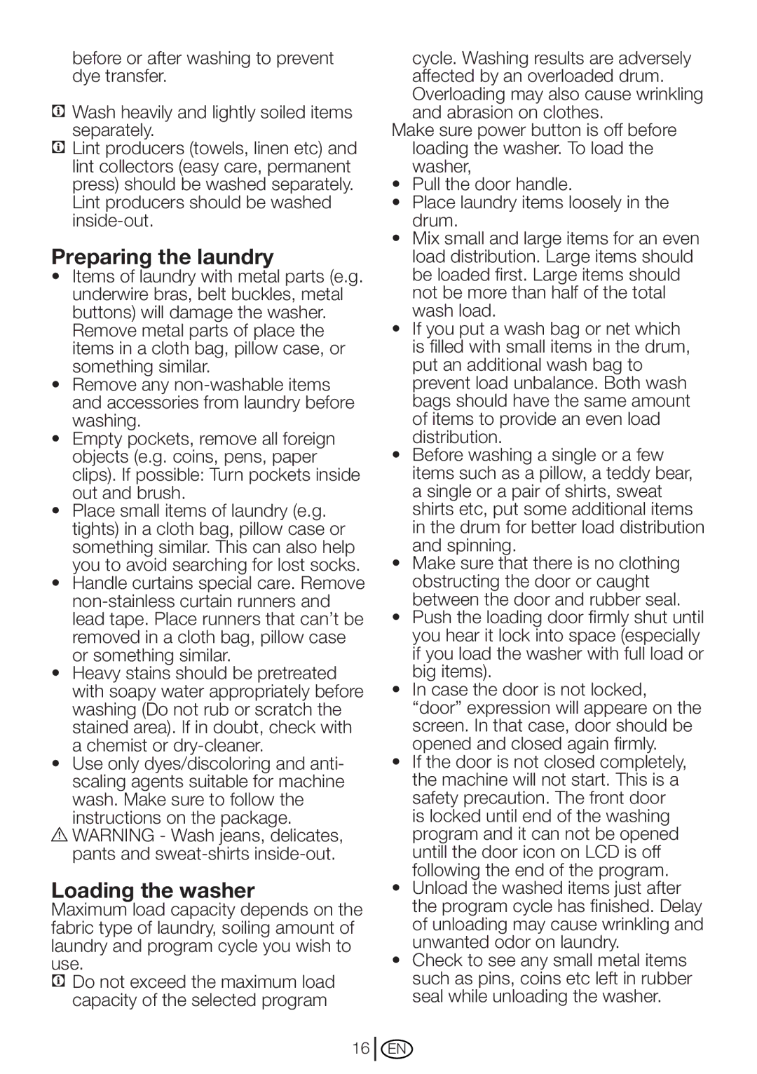 Blomberg WM 87120 NBL00 installation instructions Preparing the laundry, Loading the washer 